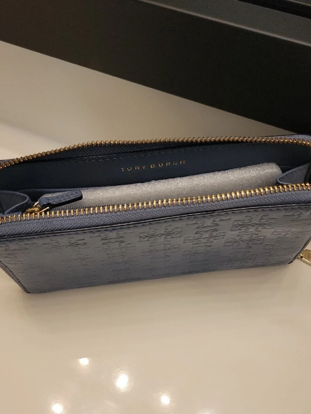 Tory Burch Periwinkle Embossed Logo Zip Wallet